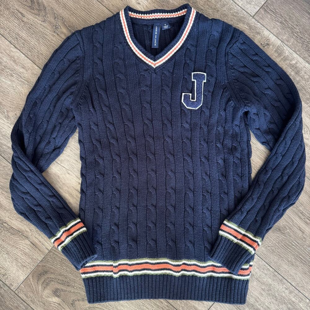 Academia Preppy Janie and Jack Boys Varsity Cable Knit Sweater Navy Blue Size 10